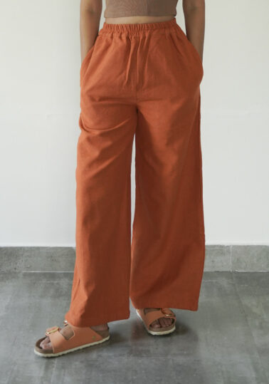 Chambray Wide-Leg Cotton Pants for Women -Apricot Orange