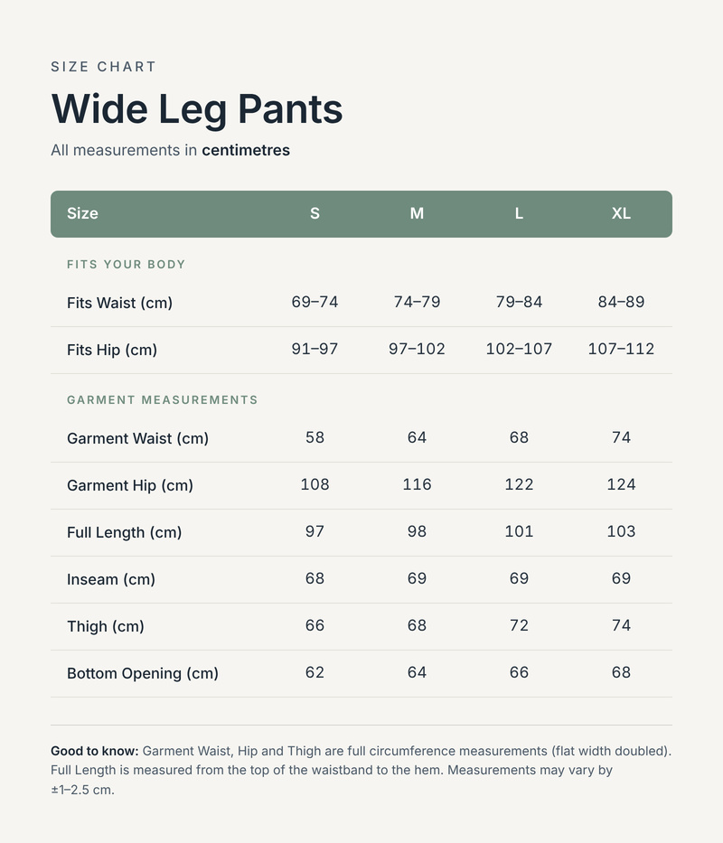 Size chart in centimetres