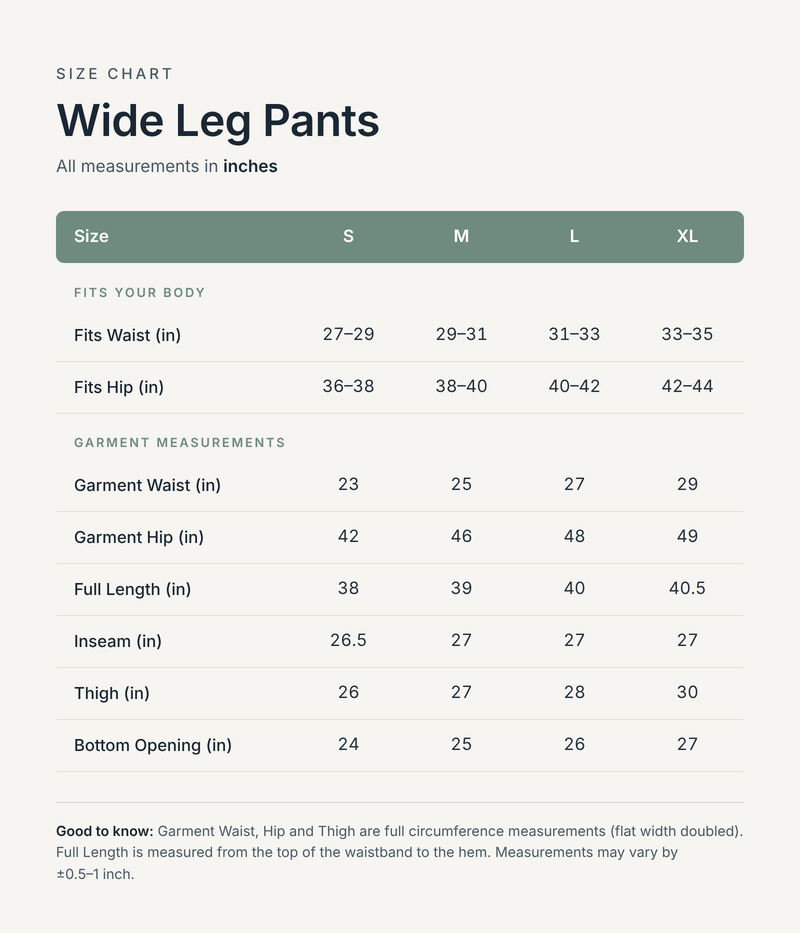 Size chart in inches