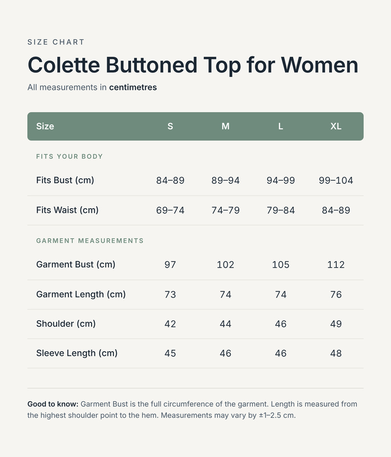 Size chart in centimetres