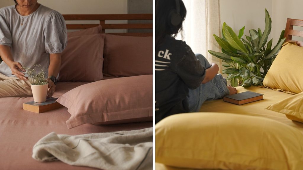 Earthen Hues solid cotton bedsheets in Rose Dawn, Cedar Green, Warm Sand and Tobacco Brown