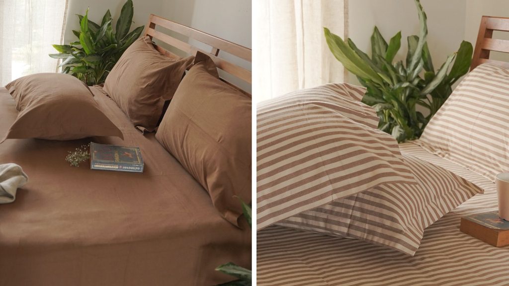 Morning Stripe Blue bedsheet layered with Infinity Blue Earthen Hues bedding