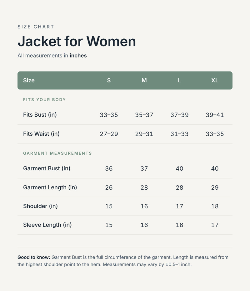 Size chart in inches