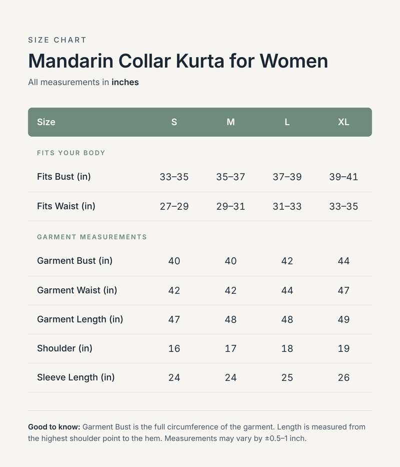 Size chart in inches