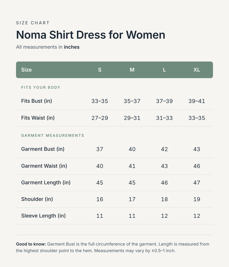 Size chart in inches