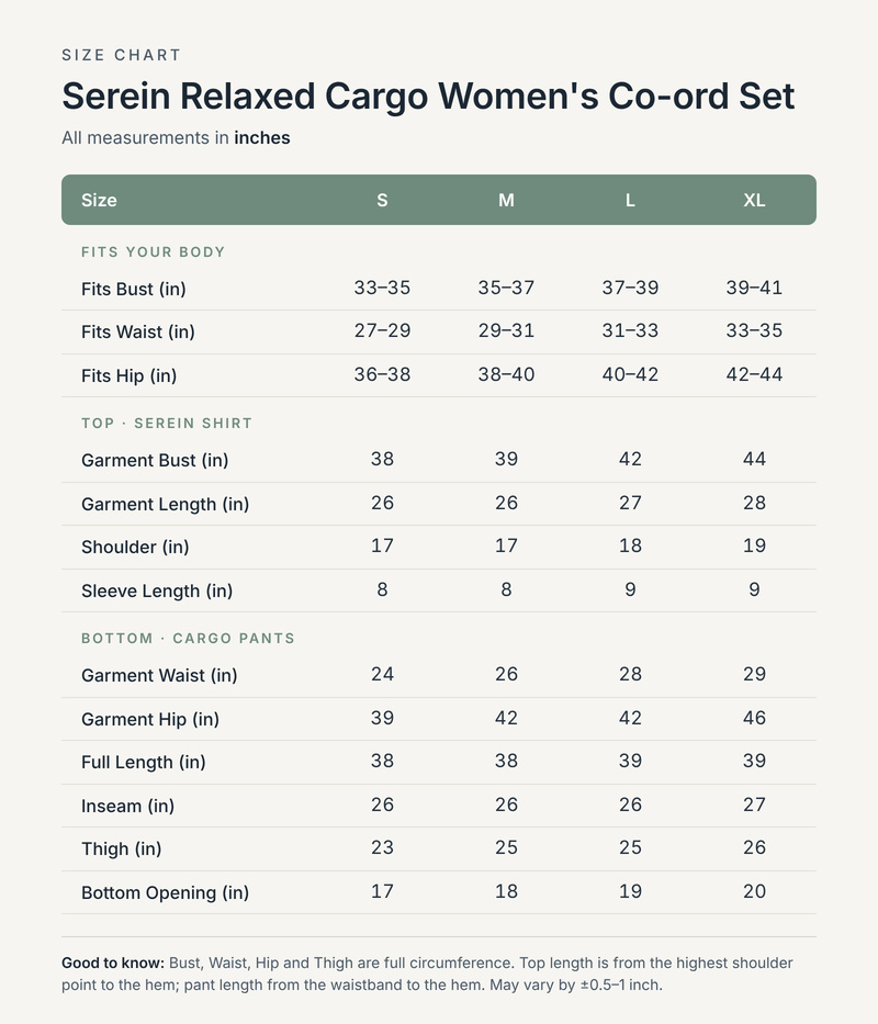 Size chart in inches