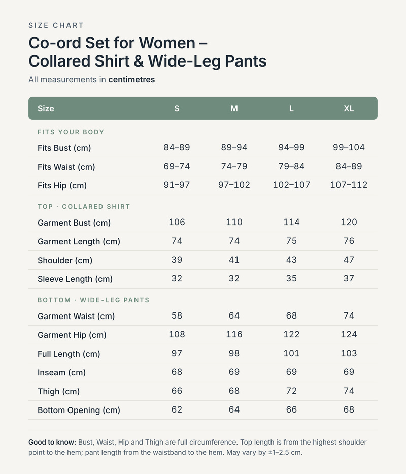 Size chart in centimetres