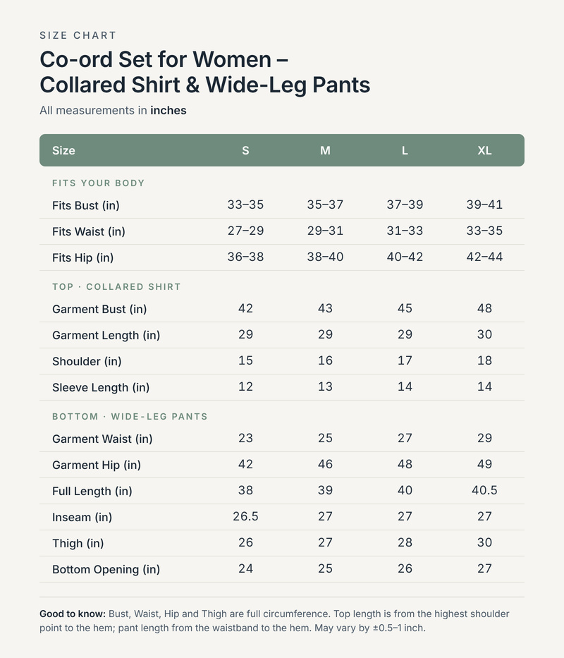 Size chart in inches