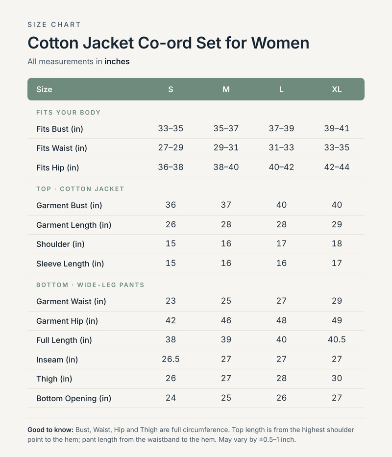 Size chart in inches