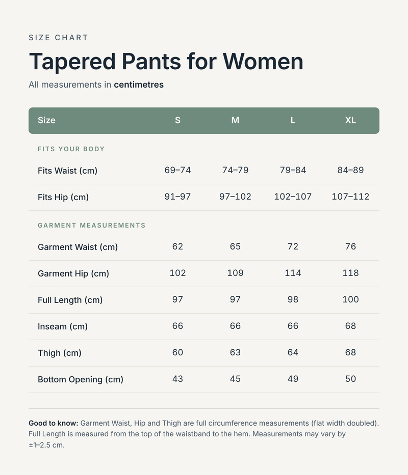 Size chart in centimetres
