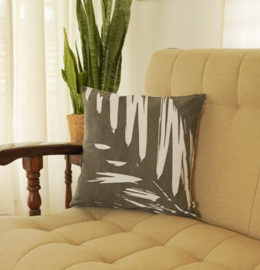 Abstract Palm Leaf Printed Cotton Cushion Cover 16″ x 16″- Charcoal Grey