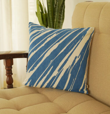 Diagonal Stroke Printed Cotton Cushion Cover 16″ x 16″- Cobalt Blue