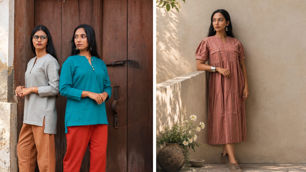 Women wearing Thoppiawear cotton tops with pants and a terracotta cotton dress