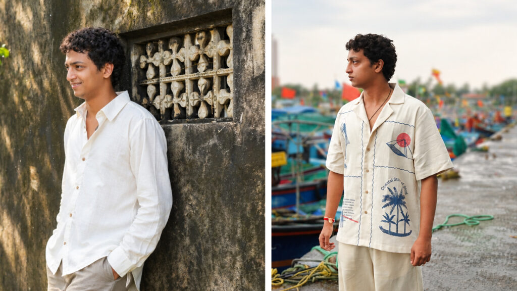 Men’s white linen shirt and printed cotton pullover shirt from Thoppiawear