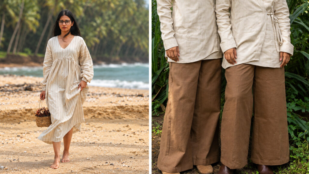 Woman in a cotton dress on the beach and women’s wide-leg brown cotton pants