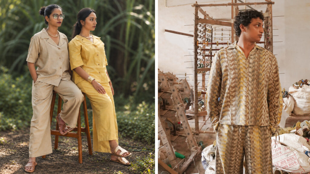Women’s cotton co-ord sets in beige and yellow, and a men’s printed cotton co-ord set