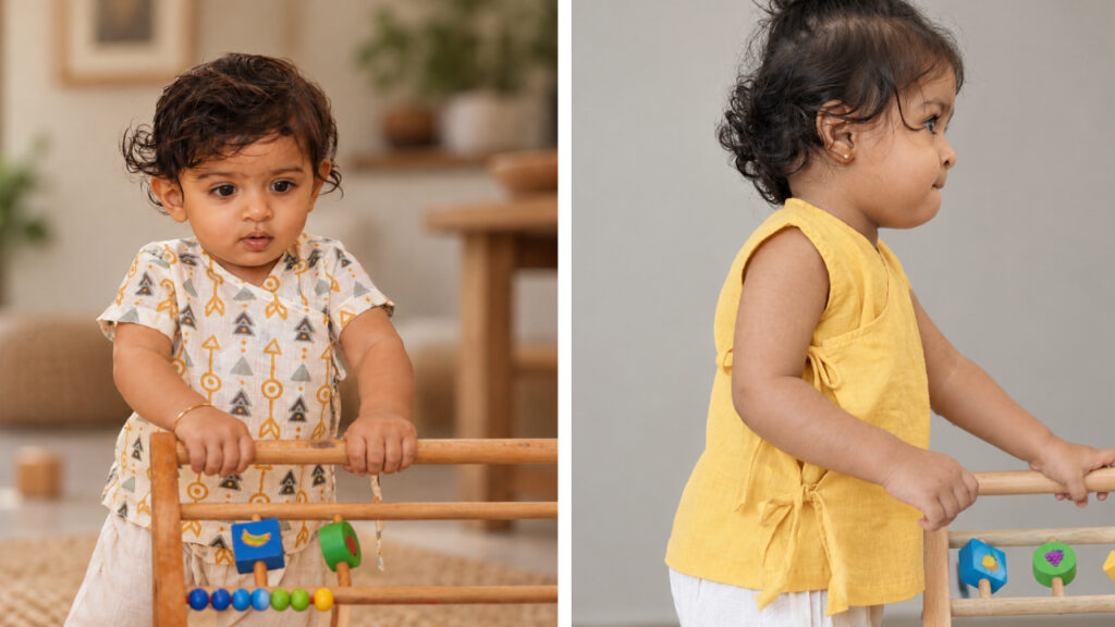Toddlers wearing a printed cotton shirt and a yellow sleeveless cotton top from Thoppiawear kids