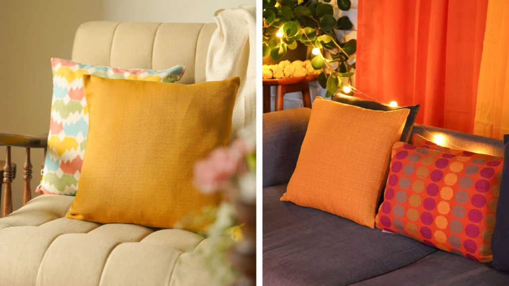 Diwali home makeover with mustard and printed cotton cushion covers, orange curtains and a festive seating corner