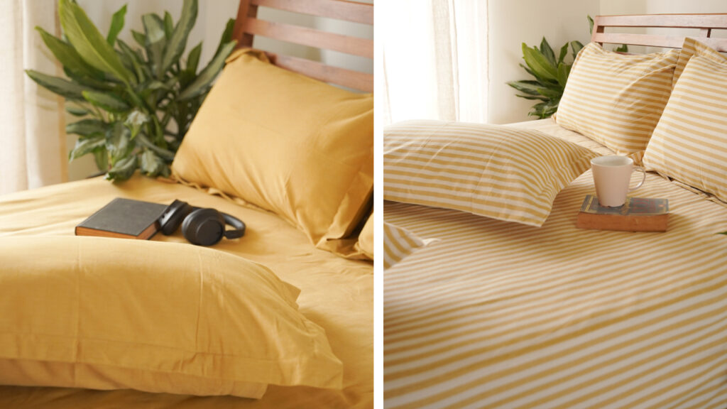 Mustard cotton bedsheet set and yellow striped cotton bedsheets with matching pillow covers
