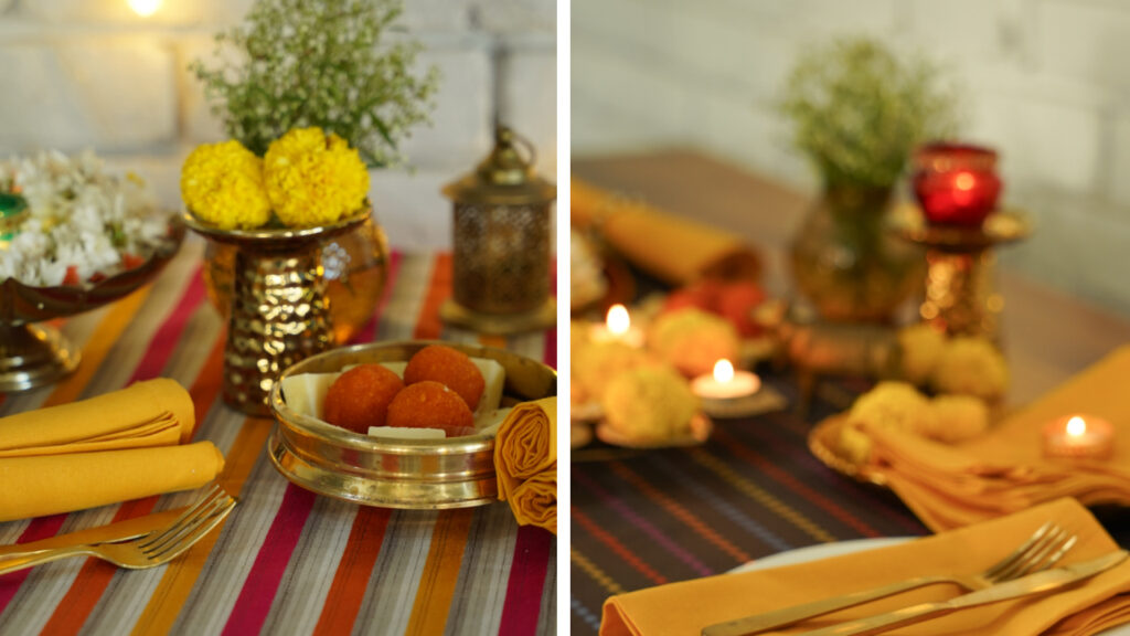 Diwali home makeover finishing touches: lit diyas, marigolds, brass lamps and mustard cotton napkins on a table