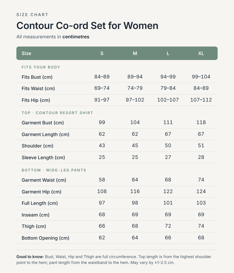 Size chart in centimetres