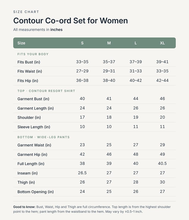 Size chart in inches